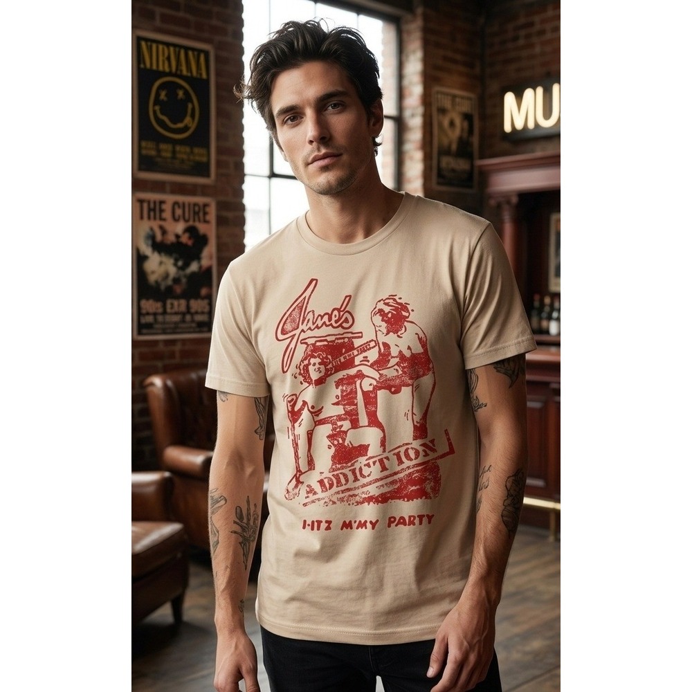 Janes Addiction Its My Party Graphic Tee Tan Beige Band Shirt Men's Size M Music